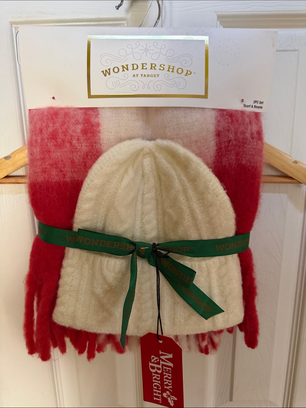 Wondershop Cream Knit Beanie with Red Ombre Fringe Scarf Set